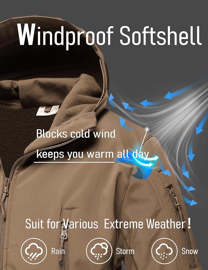 MAGCOMSEN Men's Tactical Jacket 7 Pockets Performance Fleece Lined Water Resistant Ski Snow Soft Shell Winter Coats