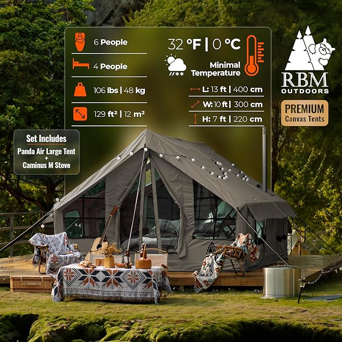 Panda Inflatable Tents for Camping with Stove Jack, Canvas Blow Up, Easy Setup Inflatable Tent, Waterproof Hot Inflatable Outdoor House, Casa de Campaña with Hand Pump