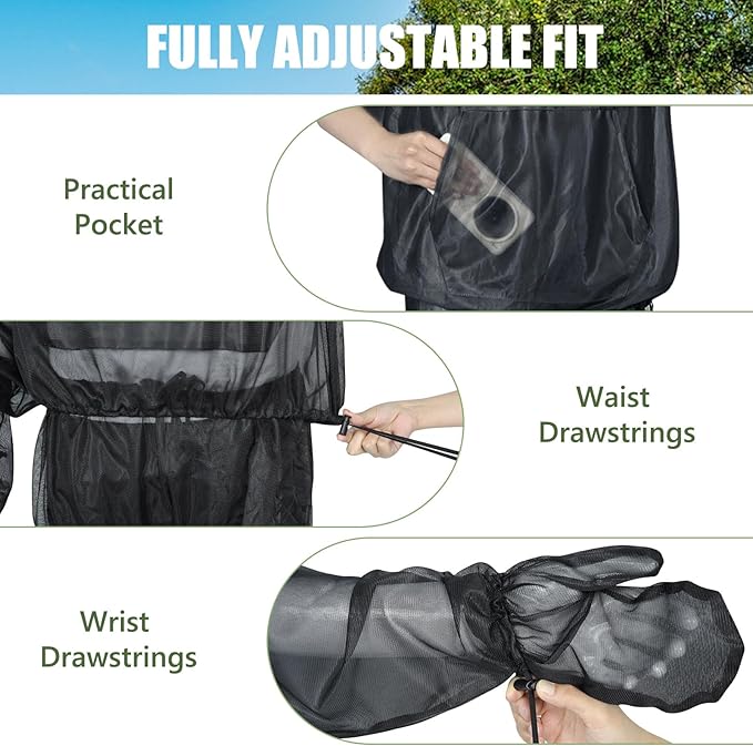 2-Piece Net Suit L/XL, Zippered Hood Jacket & Gloves Set, Thickened Breathable Mesh, Adjustable Fit for Upper Body Protection, Unisex Lightweight Outdoor Gear for Camping, Fishing, Hiking, Gardening