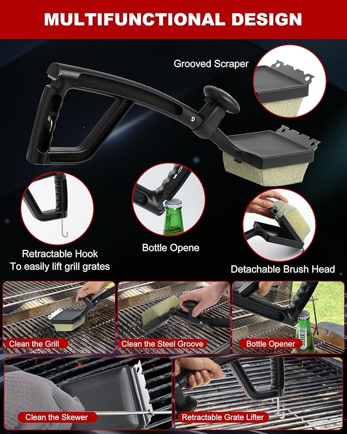 Grill Brush Bristle Free, Steam Grill Cleaner with Scraper for Outdoor Grill, Grill Cleaner Steam BBQ Tool, Safe for Cast Iron & Stainless Steel Grates (Black)