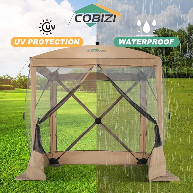 COBIZI 6x6 Pop up Gazebo Tent on Clearance, Ez up Waterproof Screen Tent Screen House with 3 sidewalls,Portable Outdoor Canopy with Carry Bag & Ground Stakes for Camping,Garden and Picnics, Khaki