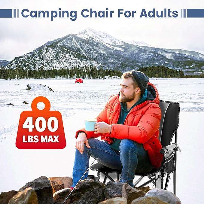 Lamberia Camping Chairs, Portable Heated Folding Chairs for Outdoor Sports, Heavy Duty Lawn Chairs for Adults Support 400lbs, Heated Camp Chair with Cup Holder,Grey(2 Battery Pack Required)