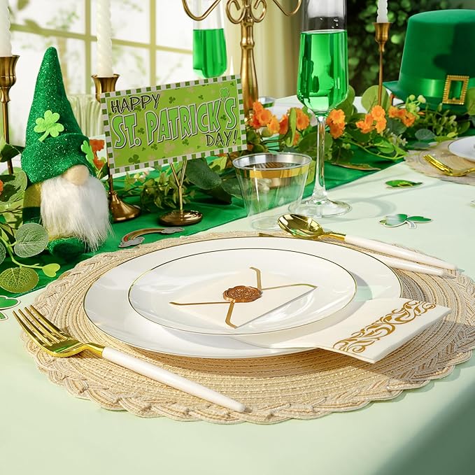 100PCS White Plastic Plates with Gold Rim, White Gold Disposable Plates for Party, Wedding, Include 50 Dinner Plates, 50 Dessert Plates for 50 Guests