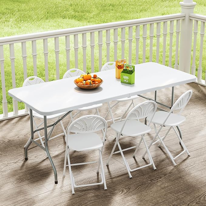 72' Folding Table, Collapsible Camping Table, Rectangular Picnic Table with Steel Frame, Stable Legs Design, Easy Carry and Storage, Plastic Outdoor Folding Tables for Indoor Outdoor, White