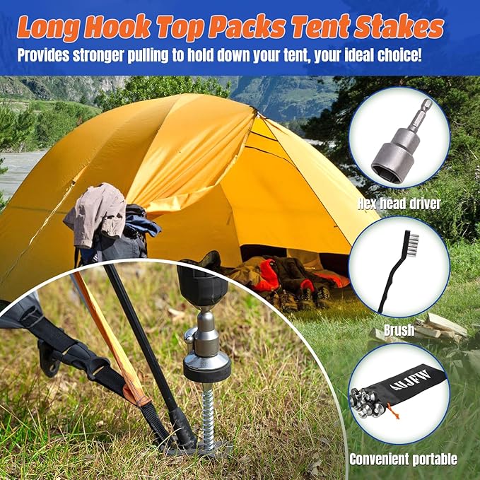 15 Pcs 6.2" Hex Pegs Stakes Drillable Tent Stakes, Drillable Threaded Long Hook Top Packs Tent Stakes for Grassland Garden Tents Canopies Awnings Camping Travel (Hex Tool and Storage Bag)