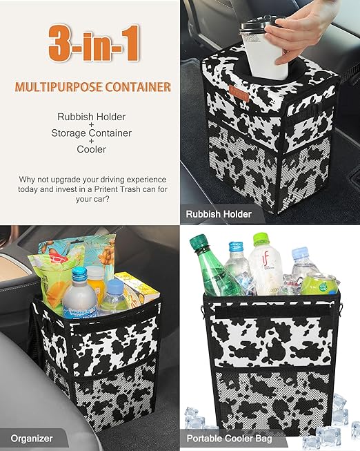 Car Trash Can with Lid, Cute Leakproof Car Trash Garbage Bag Hanging Vehicle Trash Bin Small Portable Automotive Garbage Cans Organizer for Back/Front Seat/Console(Trapezoid,Cow Print)