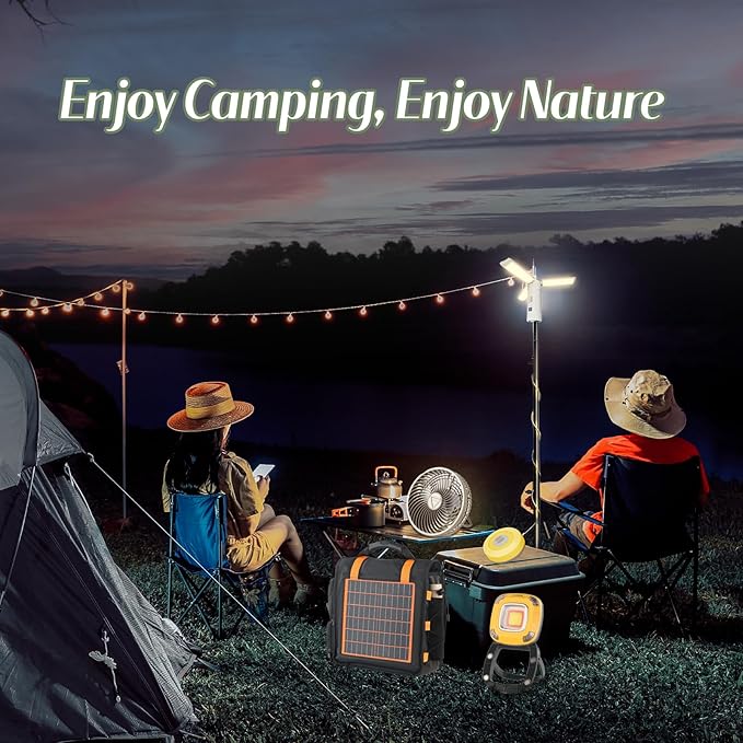 Solar Panel Charging Bag for Outdoor Camping, 10W 5V Charge for Phones and Device,Contains 1 Rechargeable Folding Fan and 3 Different Rechargeable Camping Lamps, 5 in 1 Camping Essentials Handbag