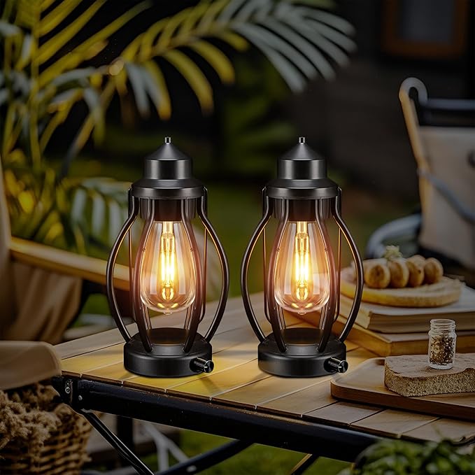 pearlstar Lantern Rechargeable Lamps Decorative Outdoor & Indoor, 2 Pack Vintage Portable LED Lanterns with Fully Dimmable Modes, Camping Lamp Outdoor Lantern for Table Patio Garden Yard Pathway Porch