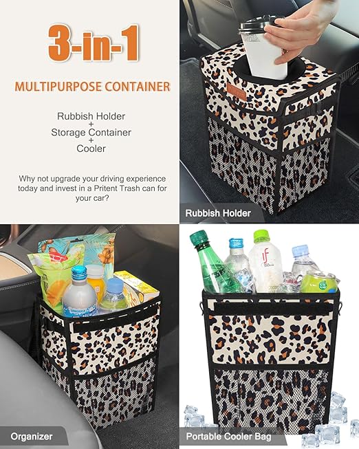 Car Trash Can with Lid, Cute Leakproof Car Trash Garbage Bag Hanging Vehicle Trash Bin Small Portable Automotive Garbage Cans Organizer for Back/Front Seat/Console(2.8 gal,Leopard