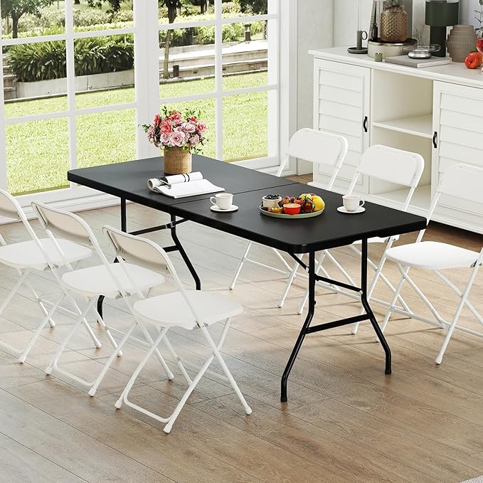 GYMAX 6FT Folding Table, Portable Lightweight Camping Table with Carry Handle, Easy Fold Up Rectangle Indoor/Outdoor Collapsible Table for Camp, Picnic, BBQ, Patio (Black (No Umbrella Hole))