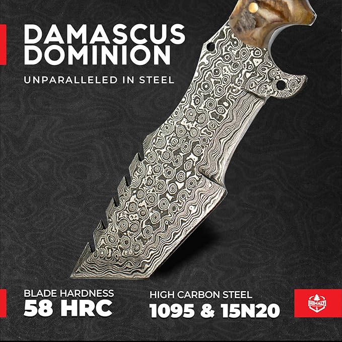 10.5” Damascus knife-Fixed Blade Hunting Knife with Sheath-Ram Horn Handle-Bushcraft, Survival & Camping knife- Ideal For EDC, skinning, Camping, Outdoor-Best Hunting Knives for Men