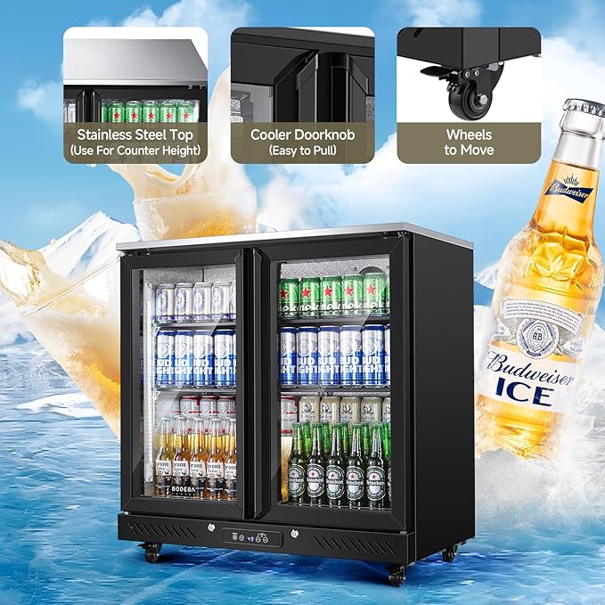 BODEGACOOLER Commercial Beverage Bar Cooler with 2 Glass Doors,7.7 Cu.ft Counter Height Back Bar Refrigerator LED Lighting for Soda Drinks,Beer,Wine with Stainless Steel Top,DOE Approved,4 Casters