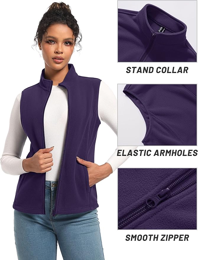 TACVASEN Women's Fleece Vest Lightweight Warm Vests Outerwear Sleeveless Zip Jacket Fall Winter Soft Vest with Pockets