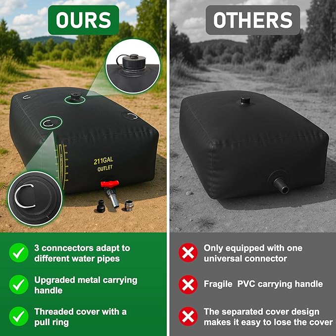 800L/211 Gal Water Bladder with Water Level Indicator, PVC Foldable and Portable Water Tank with 3 Connectors and Overflow Kit, Ideal for RV, Camping, Rainwater Collecting,Planting Watering