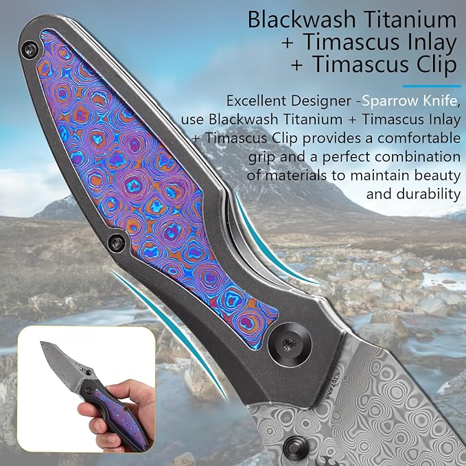 KANSEPT Baba Yaga Pocket Folding Knives for Men Women Camping Hiking Folding Knife 3.06'' Satin Damascus Blade EDC Knife with Titanium Timascus Inlay Timascus Clip Handle Everyday Carry K1074A8
