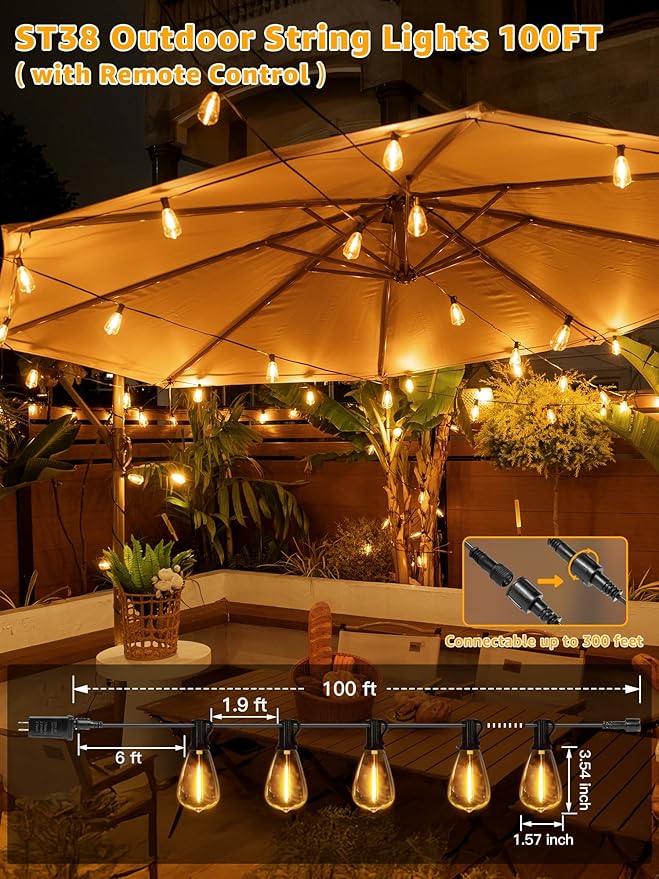 Outdoor String Lights Dimmable with Remote, 100 FT Outdoor Lights with 2 Timer and 3 Mode, Waterproof & Shatterproof Patio Lights, 2200K Energy Saving String Lights 3 Spare Bulbs for Patio Yard