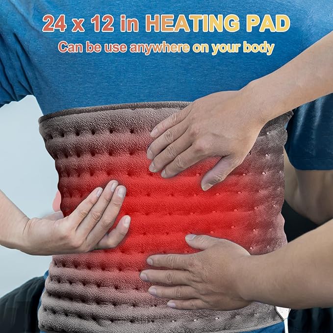 Heating Pad, Electric Heating Pad 24"X12" for Back Neck Shoulder Belly Heating Technology, Ultra-Soft Moist & Dry Therapy Heat Pad with 10 Temperature Settings 3 Timer, Automatic Switch-Off, Grey