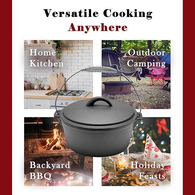 Cuisiland 4.5QT Cast Iron Dutch Oven with Dome Lid & Bail Handle – Pre-Seasoned Campfire Pot for Outdoor Cooking, Baking, Braising & Stews – Heavy-Duty, Even-Heat Casserole Pot for Camping & Home Use
