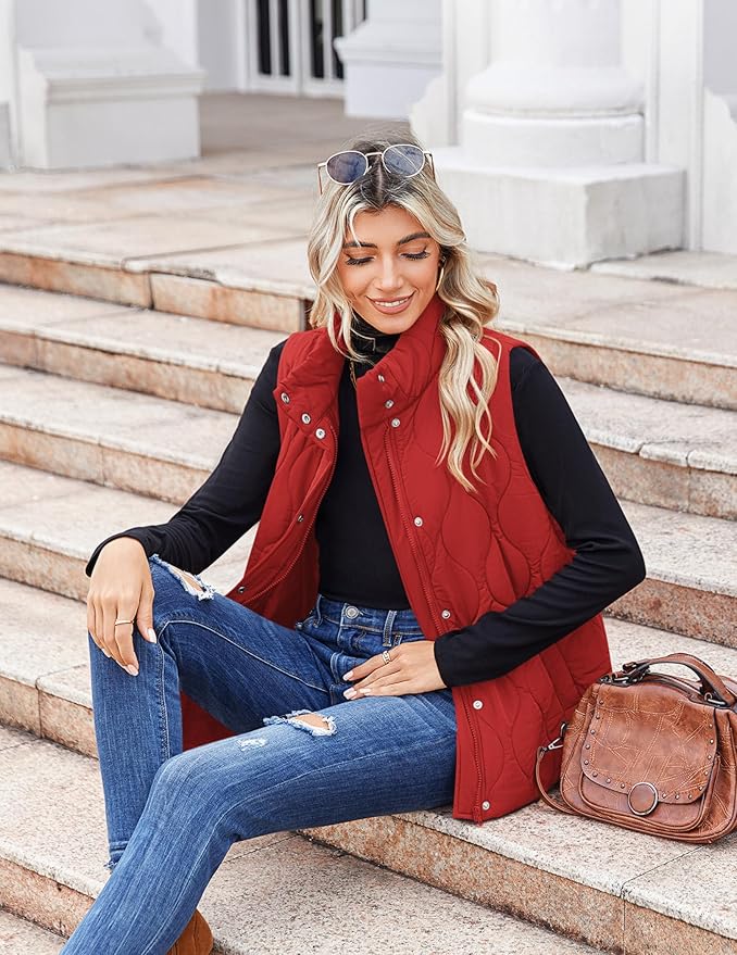 Zeagoo Puffer Vest Women Sleeveless Quilted Jacket Lightweight Snap Zip Up Stand-up Collar Down with Pockets Outerwear