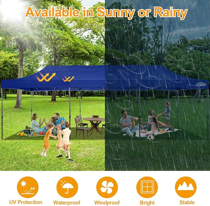 COBIZI 10x30 Pop Up Canopy Without Sidewall,Heavy Duty Canopy UPF 50+ All Season Wind Waterproof Commercial Outdoor Wedding Party Tents for Parties Canopy Gazebo with Roller Bag(10 x 30 ft Dark Blue)