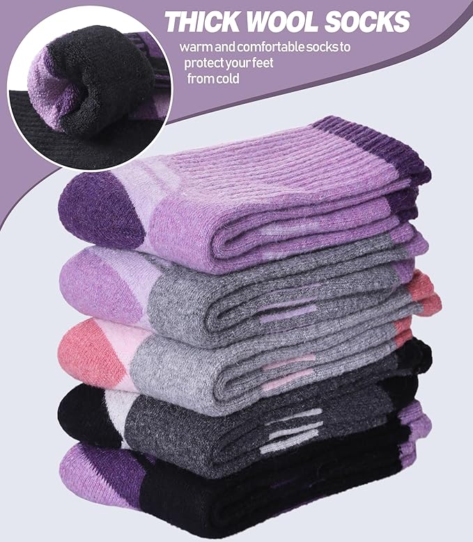 DYW Womens Merino Wool Hiking Socks Thermal Warm Winter Boot Crew Socks Cushion Work Walking Gift Socks 5 Pairs