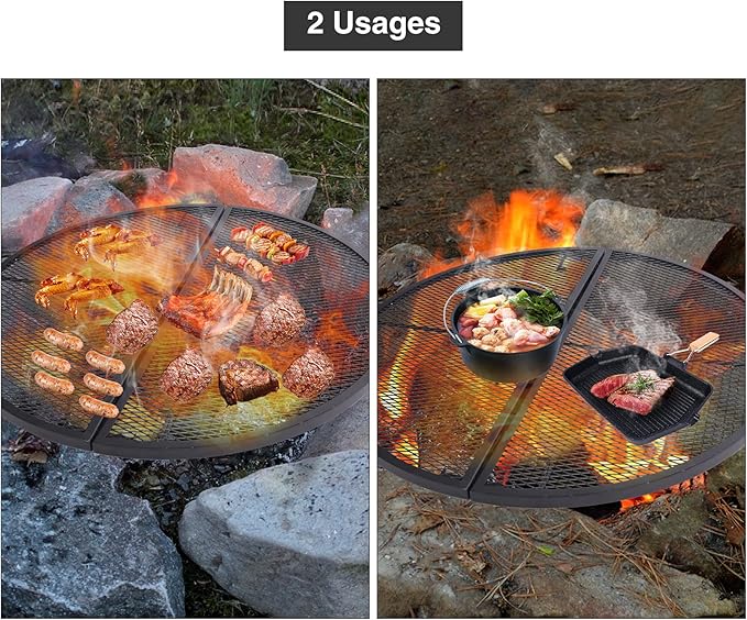 Lineslife X-Marks Fire Pit Cooking Grill Grates Portable, Heavy Duty Folding Round Campfire Grill Grate, Firepit Grill Grate with Handles for Outdoor BBQ Picnic, Black 30 Inch