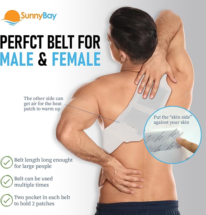 SunnyBay 24-Pack Air-Activated Wearable Heat Patches for Back Pain – Self-Supporting with 4 Belts (No Sticky Back) – Heating Pads for Cramps, Neck, Shoulder – Up to 113°F Warmth
