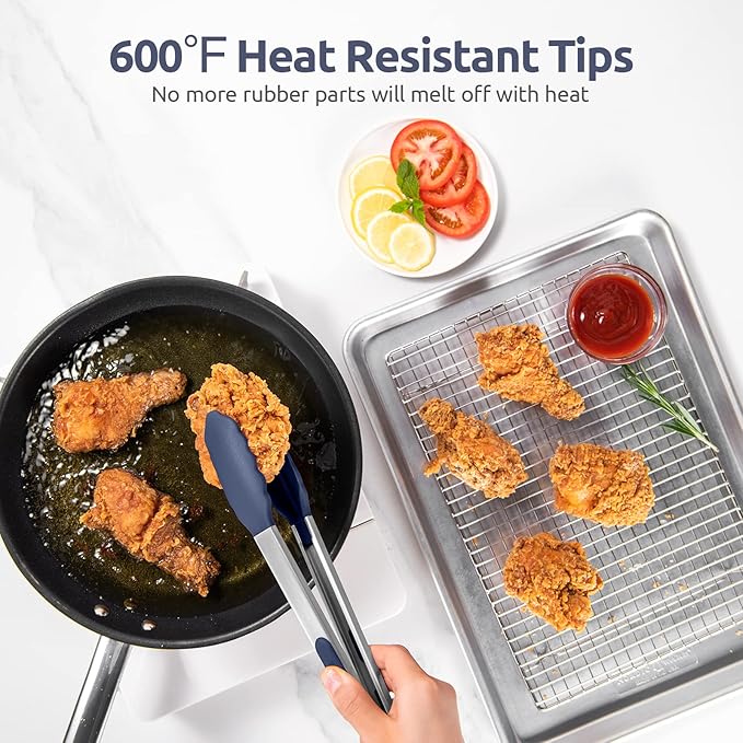600ºF Heat Resistant Kitchen Tongs: U-Taste 7/9/12 inch Silicone Cooking Tong Set with Non Stick Rubber Tips and Silicon Coated 18/8 Stainless Steel Handle for Serving Grilling Salad(Midnight Blue)