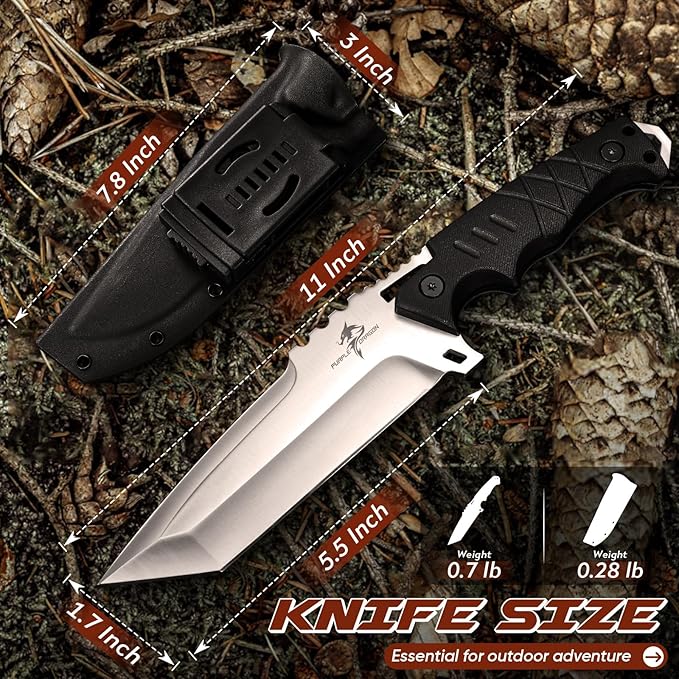 Purple Dragon Fixed Blade Knife with Kydex Sheath - D2 Steel Survival Knives for Camping, Bushcraft, Hunting - Ergonomic G10 Handle Outdoor Survival Gear Gift for Men(Black-T)