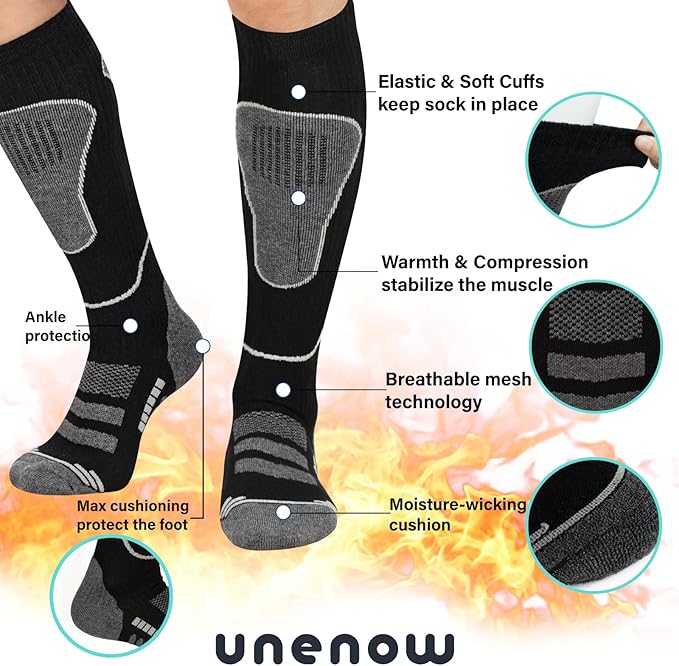 Merino Wool Ski Socks 2 Pairs, Thermal Knee High Warm Socks for Snowboarding, Hiking, Cold Weather, Snow, Hunting
