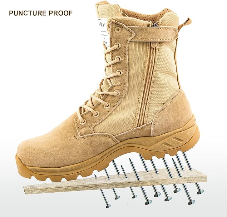 Men's Military Tactical Work Boots with Side Zipper, Puncture Resistant, Desert Combat, Army Jungle, 8 Inch Lightweight Hiking Boots