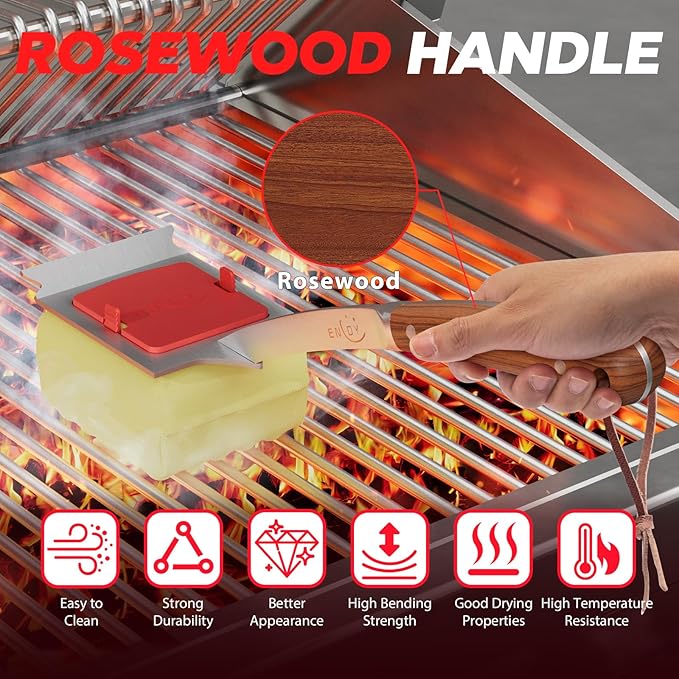 ENLOY Grill Brush Bristle Free, 17" Grill Brush for Outdoor Grill, Steam Cleaning Grill Brush with Extended Rosewood Handle and Replacement Brush Head, Safe Barbecue Brush with Scraper for Most Grills