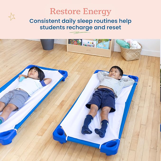 ECR4Kids Stackable Kiddie Cot with Sheet, Standard Size, Classroom Furniture, Blue, 6-Pack