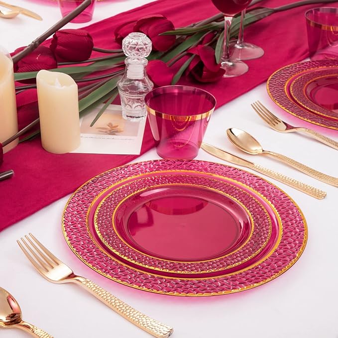 Ciaell 150PCS Clear Red Plastic Plates - Disposable Red and Gold Plates Set include 50Plates, 25Forks, 25Knives, 25Spoons, 25Cups for Wedding & Party & Christmas