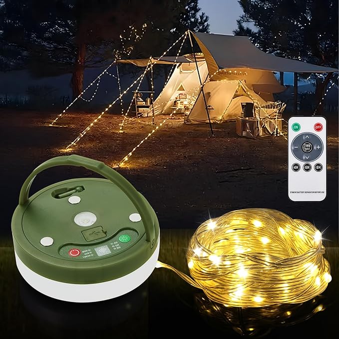 Anpro 4 in 1 Camping String Lights, 32.8 Ft String with Warm White 130 LEDs, USB Rechargeable with Remote Control, Adjustable Brightness, 6 Light Modes, Portable Camping Light for Outdoor, Decoration