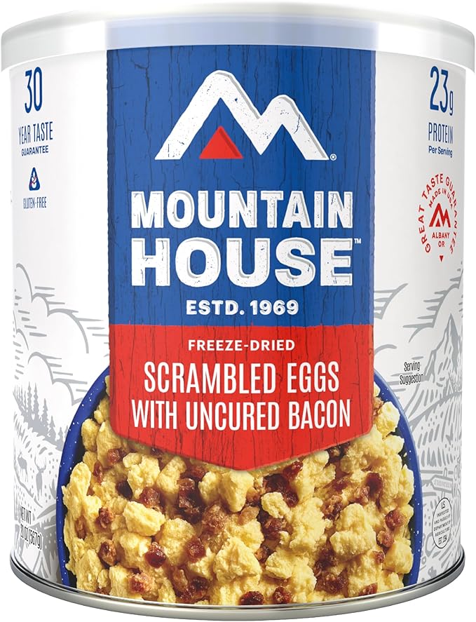 Mountain House Gluten-Free Scrambled Eggs with Uncured Bacon Freeze-Dried Food for Camping, 9 Servings, 30-Year Shelf-Life