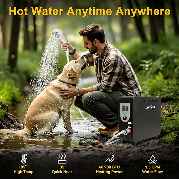Portable Propane Water Heater for Camping Shower, 40,900 BTU 4500mAh Rechargeable Battery, Tankless Water Shower for Outdoor Shower with Pump, Table Top Camp Water Heater for Camping and Vacationing