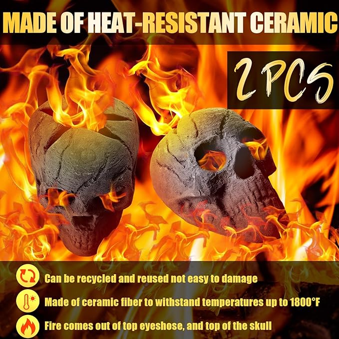 2 Pack Fire Pit Skulls 8.7 Inch Halloween Imitated Human Ceramic Firepit Head Fireproof Skulls Bonfire Accessories Fake Logs Halloween Decor for Gas Campfire Fireplace Wood Fires (Black)