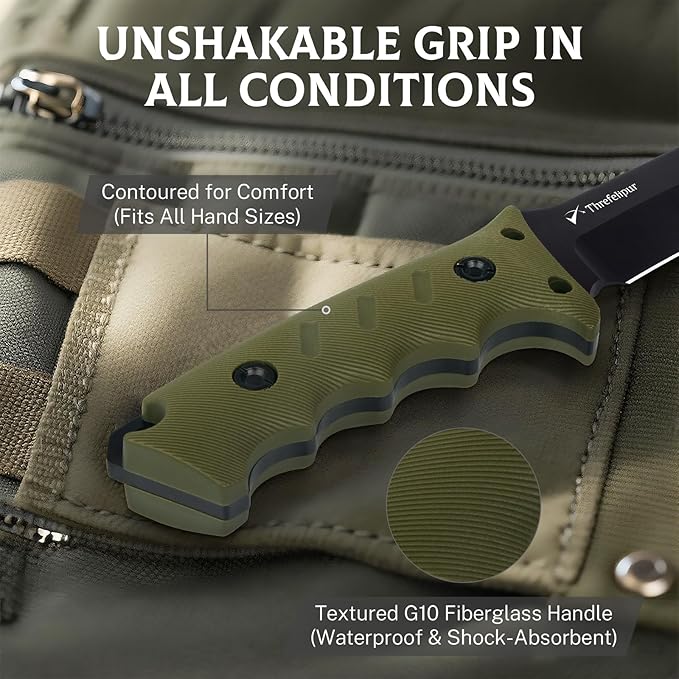 Camping Knife for Men, D2 Steel Fixed Blade Tactical Survival Knife with Sheath - Compact & Portable for Outdoor Hiking, Bushcraft, G10 Handle - Green