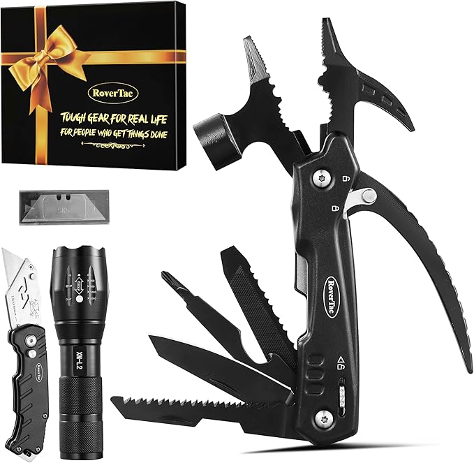 RoverTac Multitools Set - 12-in-1 Multi Tool Hammer, LED Flashlight, Utility Knife in Premium Gift Box, Camping Essentials Survival Camping Gear, Multitool Gift for Men Dad Him