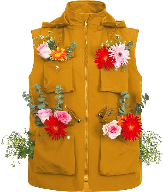 PESION Womens Packable Military Utility Vests Outerwear Waterproof Windbreaker Jacket Cargo Vest with Removable Hood