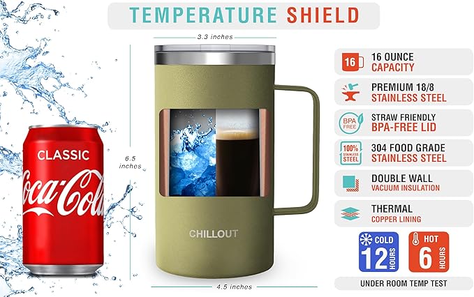 CHILLOUT LIFE Stainless Steel Vacuum Insulated Coffee Mug 16 oz (Set of 2) with Handle and Lid, Large Thermal Camping Coffee Mugs with Sliding Lid for Men & Women, Keeps Your Beverages Hot & Cold