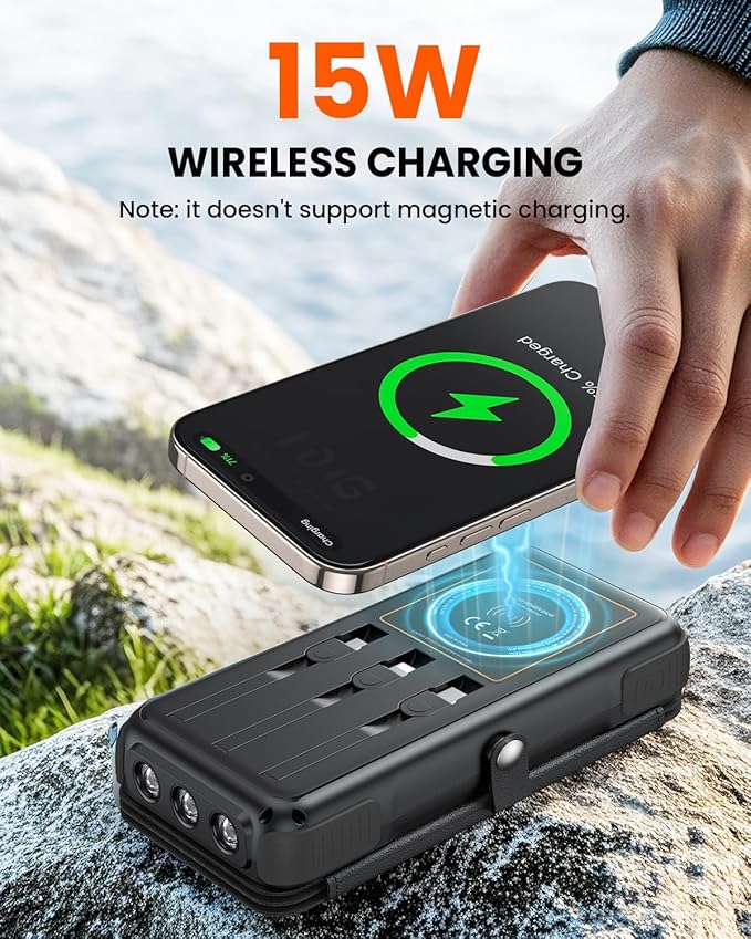 SOARAISE Wireless Solar Power Bank, 25000mAh Solar Charger with Built-in 3 Cables, Dual Outputs, 4 Solar Panels & 3 LED Flashlights, Portable Phone Charger for Outdoor Camping(Black)