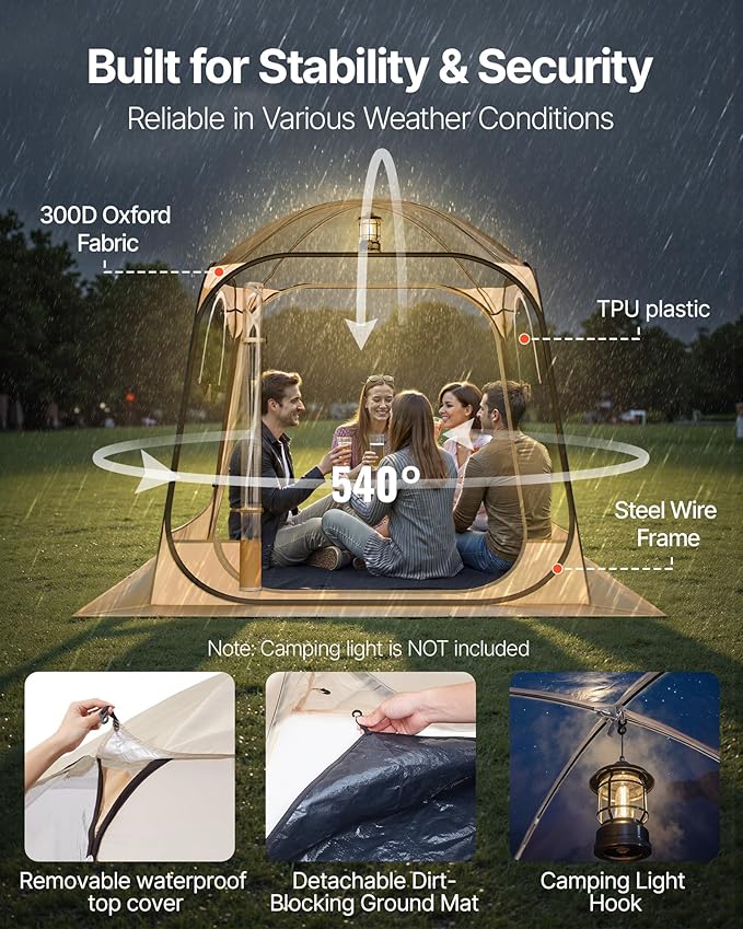 VEVOR Pop up Sports Tent, 4 Sizes Optional Clear Bubble Tent for 1-6 Person, Waterproof Outdoor Pod with Floor Mat & Top Cover, Garden Igloo Dome Tents Camping Shelter for Sports Watching