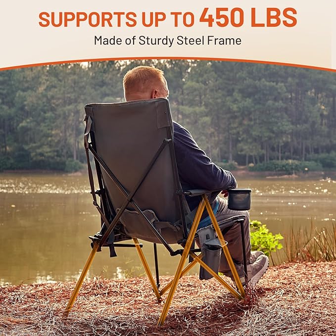 TIMBER RIDGE Oversized Heated Camping Chair with Lumbar Support, Portable Folding Chair Heavy Duty for Adults Supports 450 LBS for Outdoor Camping, Lawn, with High Back (Power Bank not Included)