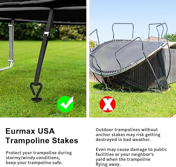 Eurmax USA Trampoline Stakes Heavy Duty Trampoline Parts Steel Stakes Anchor Kit for Trampolines Canopy Anchor Dog Tie Out Stakes -Set of 4 Bonus 4 Strong Belt(Black)