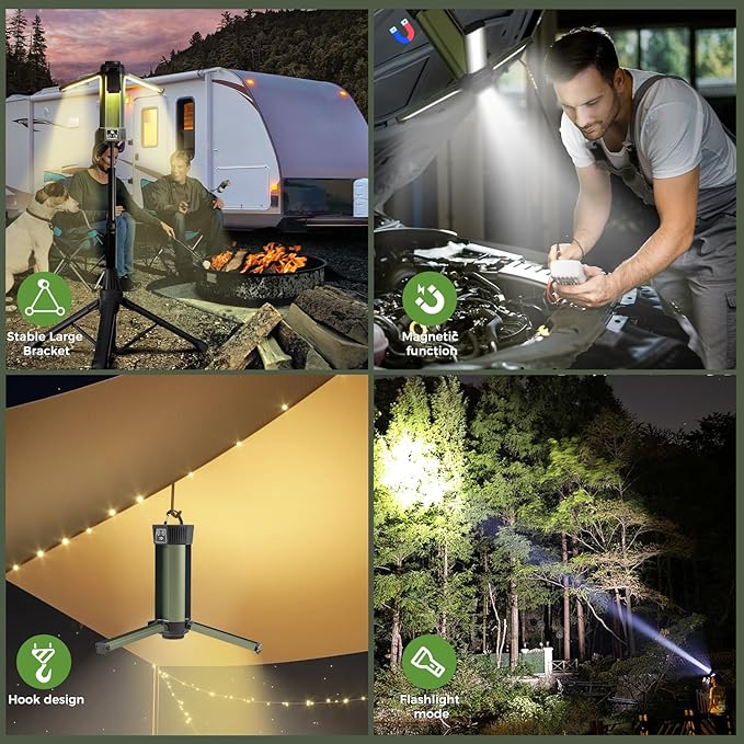 Rechargeable Camping Light with Stand - 54" Tall Cordless Work Light Portable USB Tripod Lights 2000 Lumen 3 Page Head with Carrying Bag for Outdoor Hiking Workshop Job Site(Green-B)