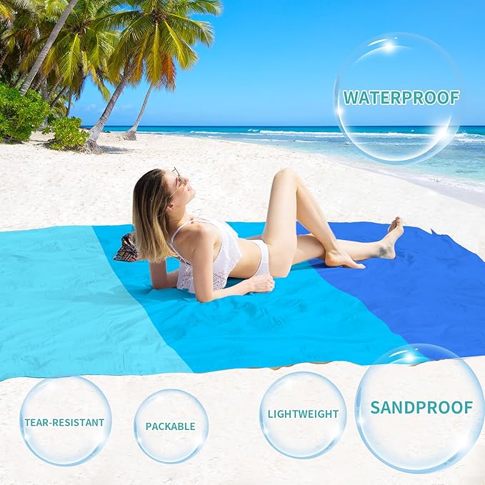 BYDOLL Beach Blanket Waterproof Sandproof 78''ร110'' Suits1-7 Adults Compact Lightweight Oversized Sand-Free Blanket Large Picnic Mat for Beach Travel Camping Hiking