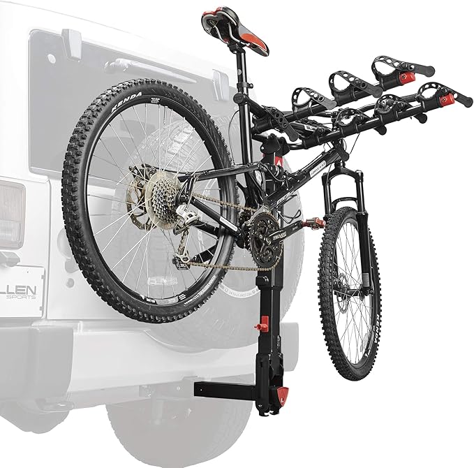 Allen Sports Premier Locking Quick Release 4-Bike Carrier for 2 Inch Hitch on Vehicles with Spare Tire, Model 400QR, Black & Tension Bar Bicycle Cross-Bar Adaptor, Black, One Size