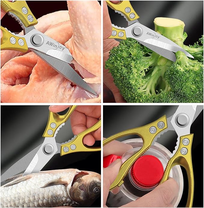 Heavy Duty Sharp Kitchen Scissors, Multipurpose Cutting Scissors for Meat, Chicken, Fish, Poultry, Herbs, Bread - Dishwasher Safe - Gift (Gold)